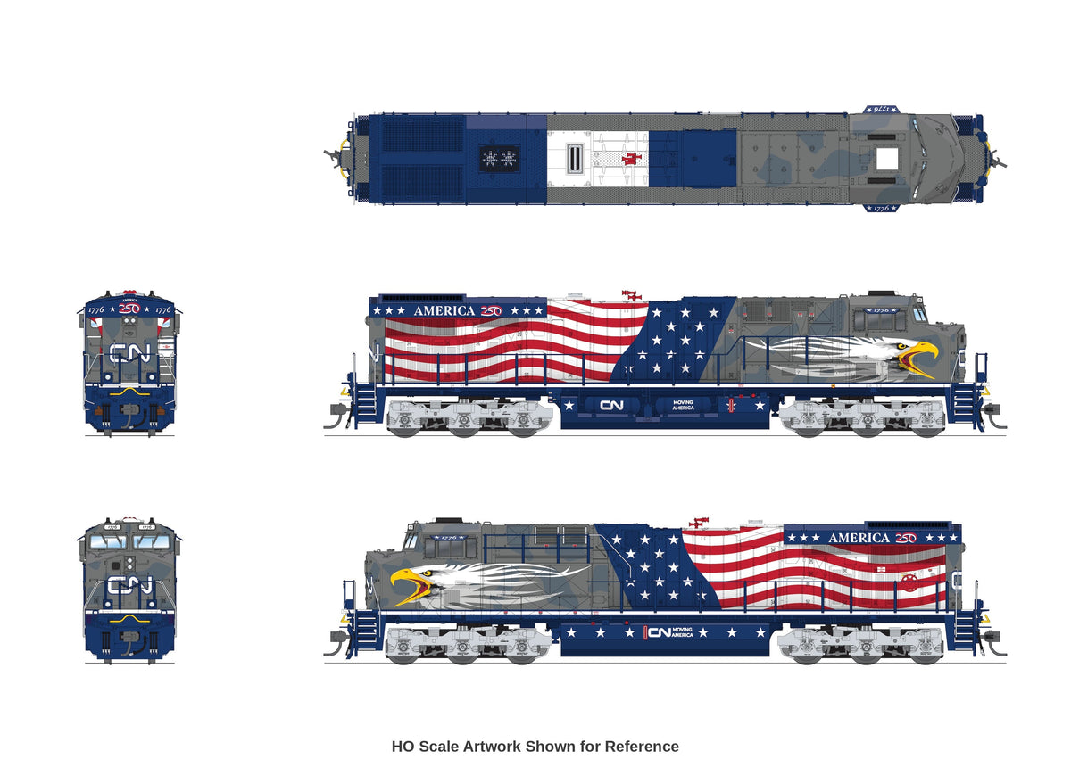 Broadway Limited Imports N scale GE ES44AC Canadian National #1776 Screaming Eagle America250 Series multi-view