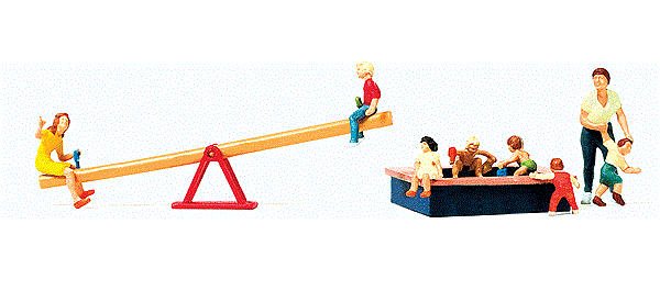 Preiser Kg - Children at Play - Pkg of 8 - w/ Seesaw & Sandbox - HO Scale