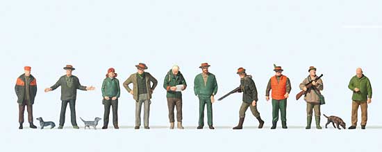 Preiser Kg - Hunters and Helpers - 10 People, 3 Dogs - HO Scale