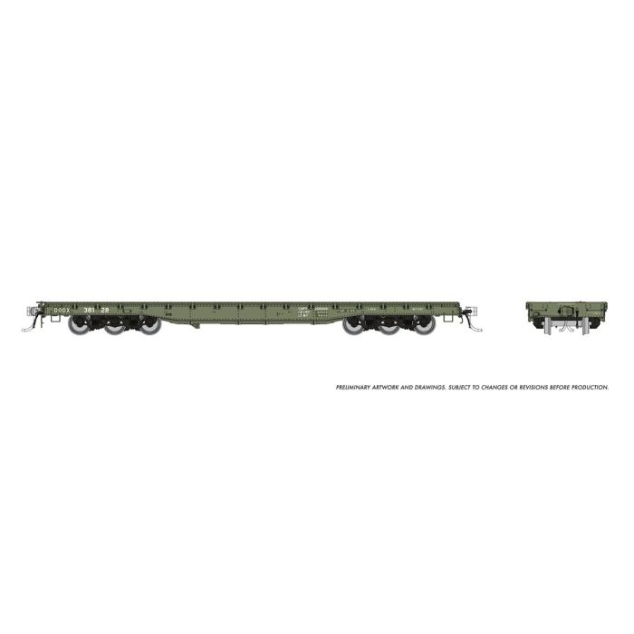 Rapido (199002) | Magor 54' Department of Defense Flatcar | DODX (Early Patch) | 6-Pack | HO Scale