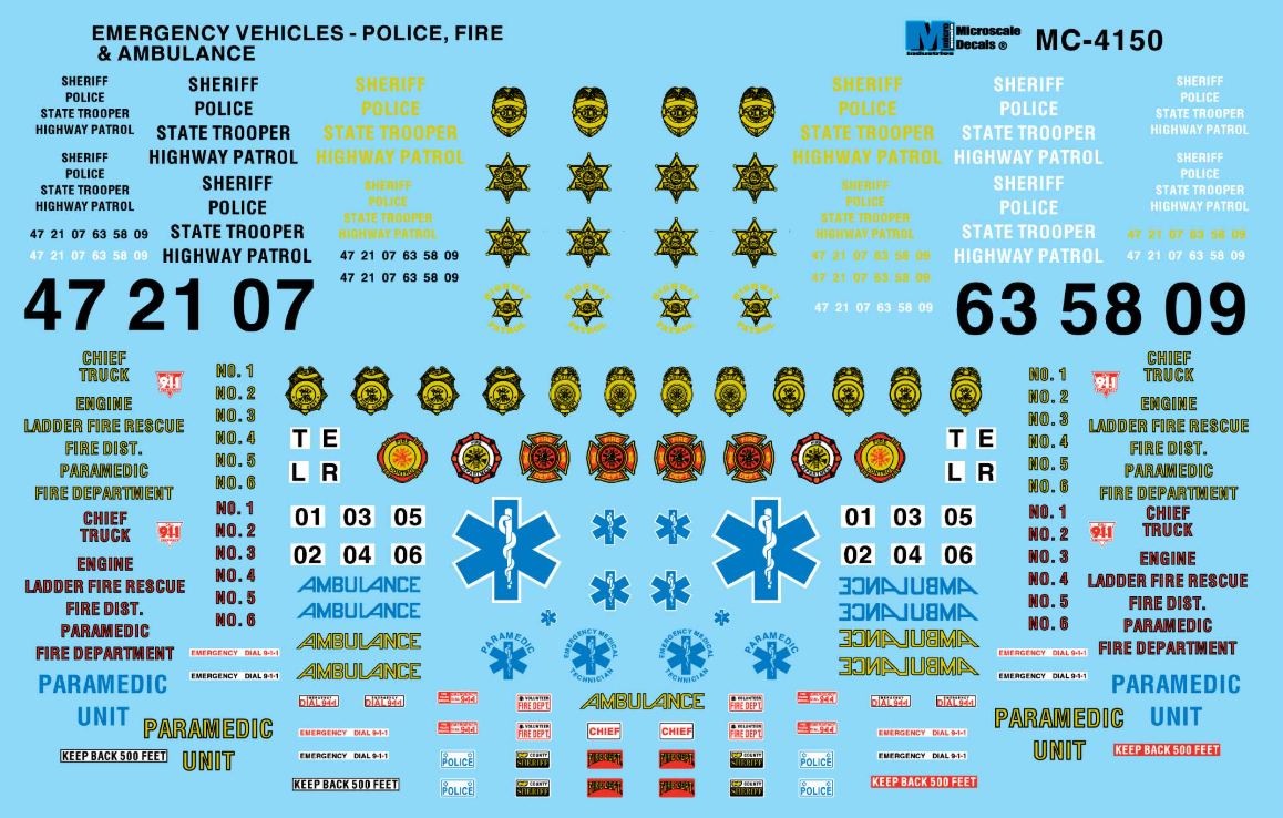 Microscale Industries - Vehicle Markings - Mini-Cal Emergency Markings - Police, Fire & Ambulance (1970+) - HO Scale