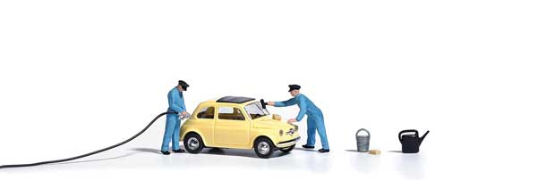 Busch Gmbh & Co Kg - Complete Miniature Scene - Fill 'Er Up Gas Station Scene - Fiat 500 - HO Scale