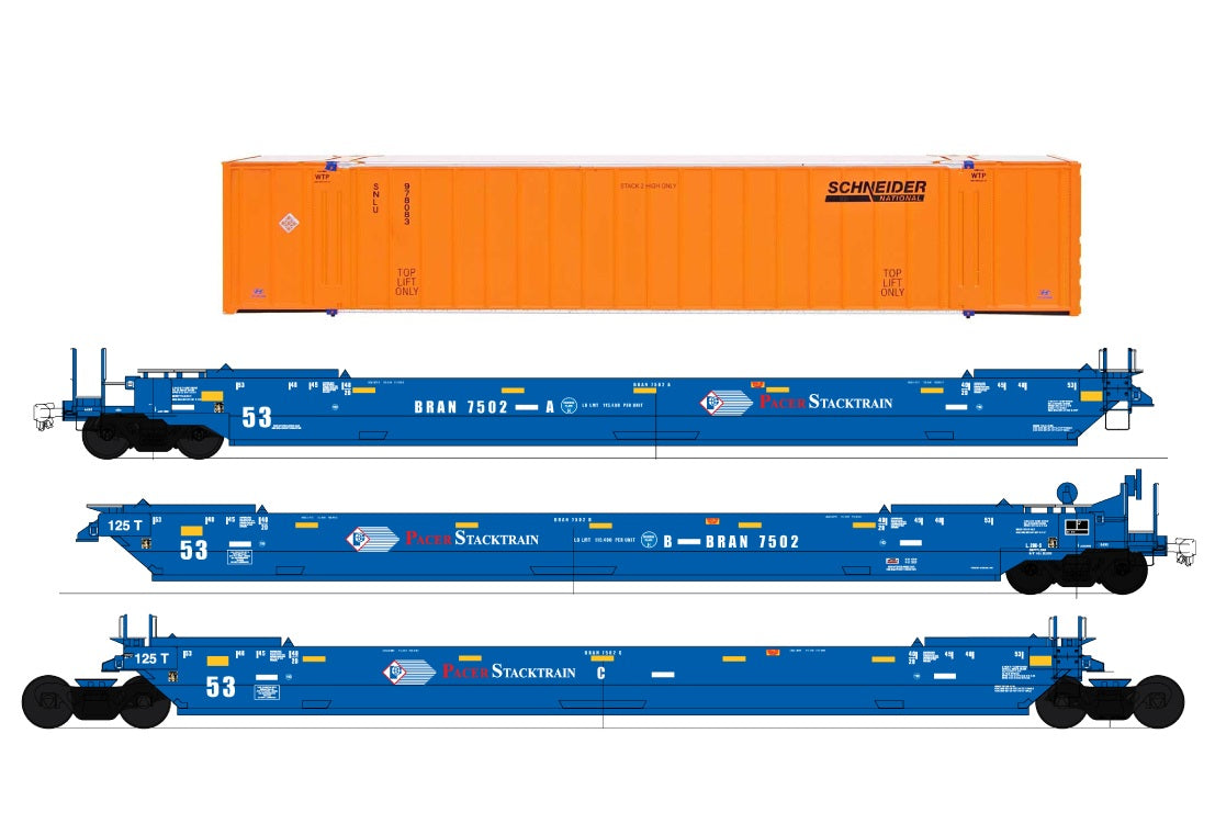 InterMountain Gunderson Maxi IV Late Well Car w/ Containers (47364C-01) | Pacer Stacktrain & Schneider Containers #7502 | (3-Pack)
