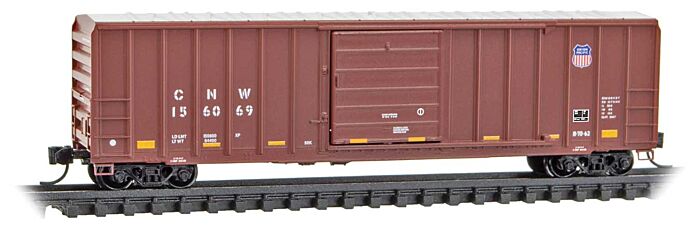 Micro Trains, 50′ Rib-Side Single-Door Boxcar, No Roofwalk, Union Pacific CNW #156069, Ready to Run, N Scale