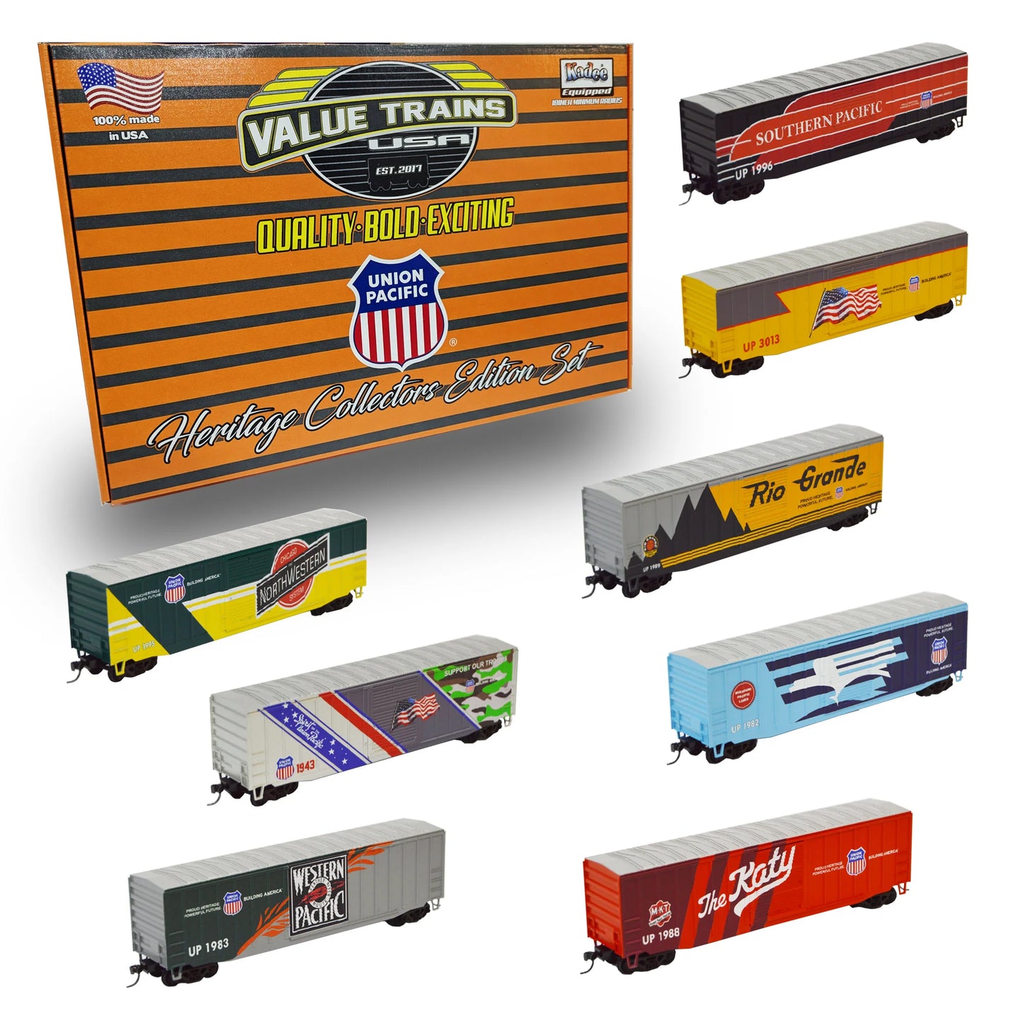 Value Trains Micro Trains Equipped ACF 50' 6" Boxcar - Union Pacific Heritage Collectors Edition - 8 Car Set - N Scale