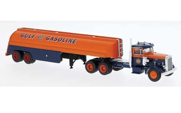 Brekina Automodelle 1955 Peterbilt 281 Semi Tractor with Tank Trailer - Gulf Gasoline - HO Scale