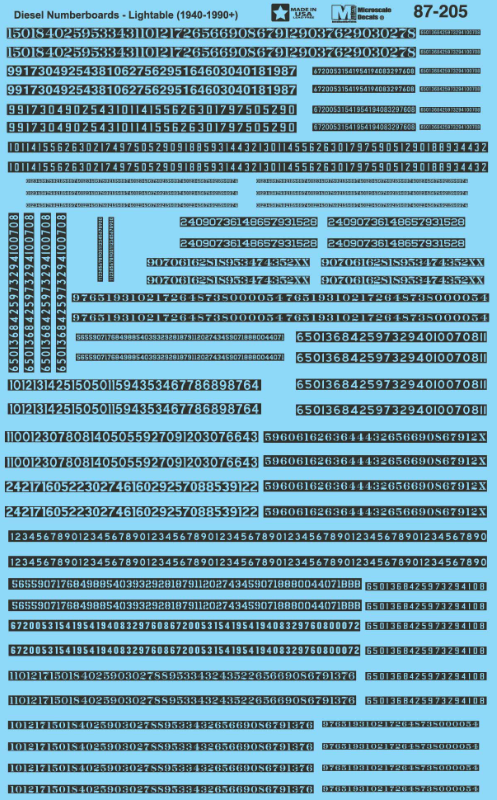 Microscale Industries - Diesel Loco Data Sheets - Assorted Numberboards - Clear Numbers on Black Background - HO Scale