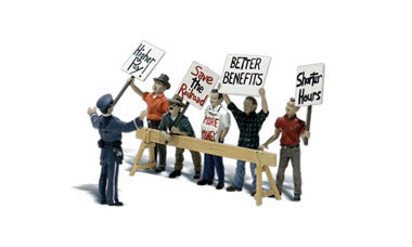 Woodland Scenics Scenic Accents(R) Figures, Picket Line, 5 Workers Protesting Behind Barricade with 1 Police Officer, N Scale