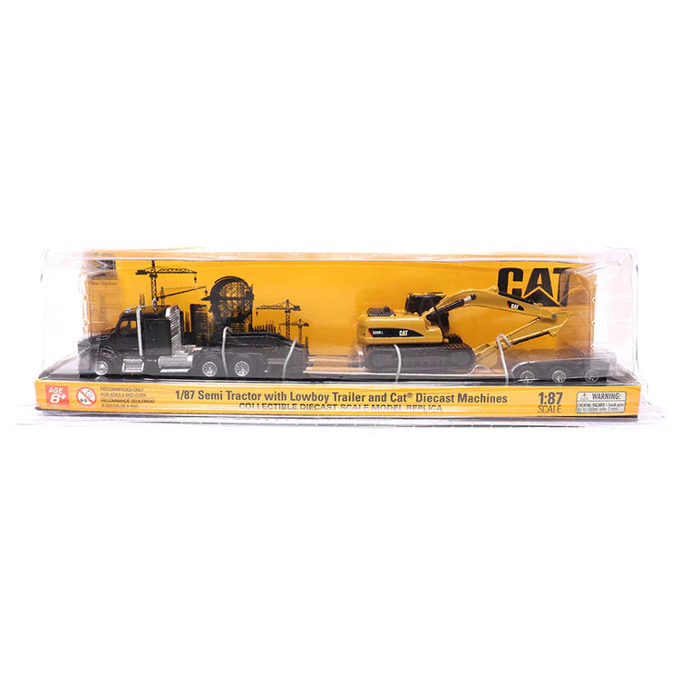 Diecast Masters (84410A) | CAT Semi Tractor w/ Lowboy Trailer and CAT Diecast Machines Assortment - Pkg of 4 | HO Scale