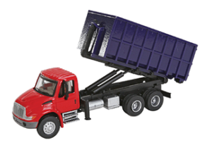 Walthers SceneMaster International(R) 4300 Dual-Axle Dumpster Carrier Truck, Assembled, Red Cab, Blue Dumpster, HO Scale