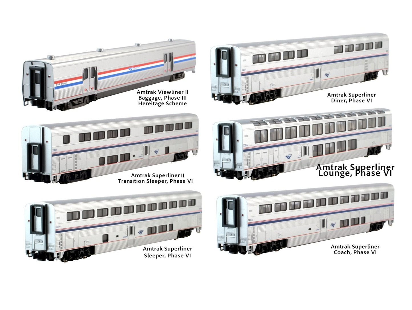 Kato Amtrak Superliner Phase VI 6-Unit Bookcase Set | Pre-Lit | N Scale