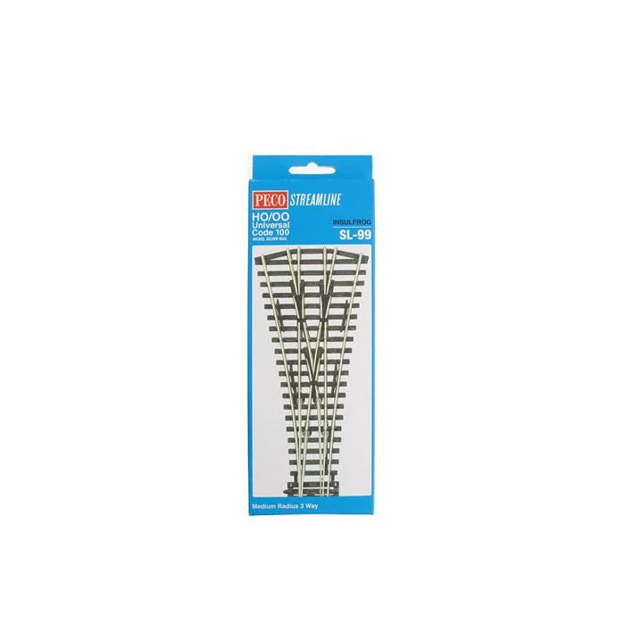 Peco (SL99) | Code 100 Medium Radius Three-Way Turnout | Streamline Left Hand | Insulfrog | HO Scale