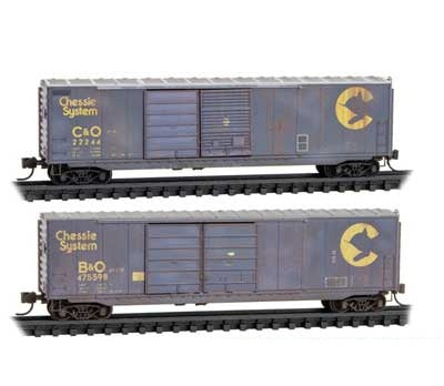 Micro Trains 50' Double-Door Boxcar - 2 Pack - Chessie System C&O - N Scale (Pre-Owned)