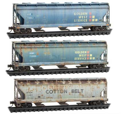 Micro Trains 3-Bay Center Flow Covered Hoppers - 3-Pack - Golden West/Cotton Belt - Weathered - N Scale (Pre-Owned)