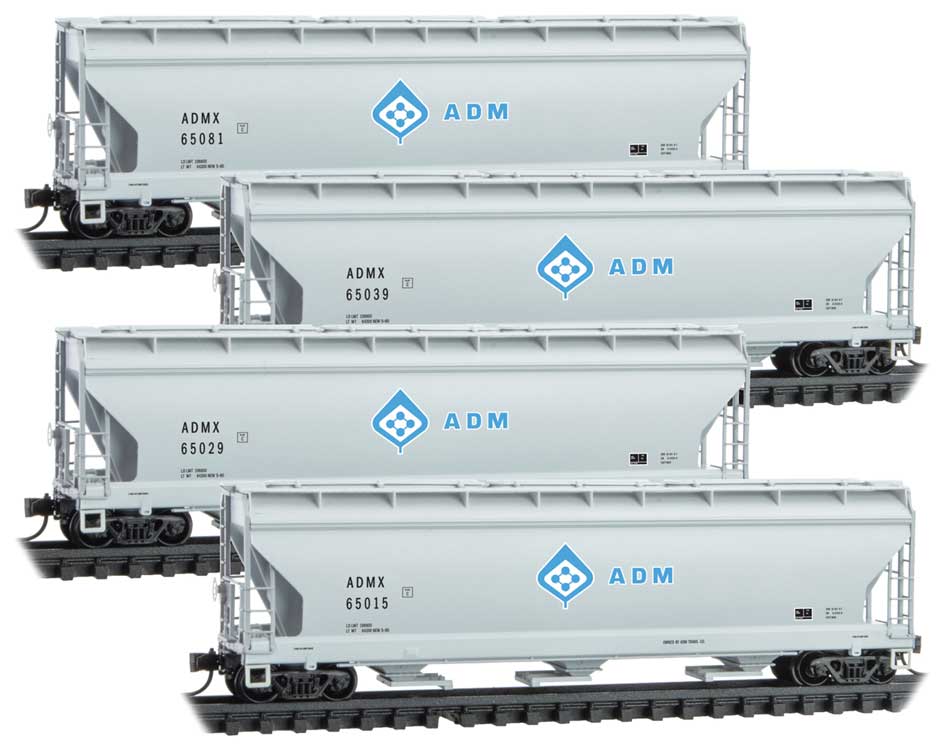 Micro Trains 3-Bay Center Flow Covered Hoppers - Four Car Pack - Archer Daniels Midland ADM - N Scale (Pre-Owned)