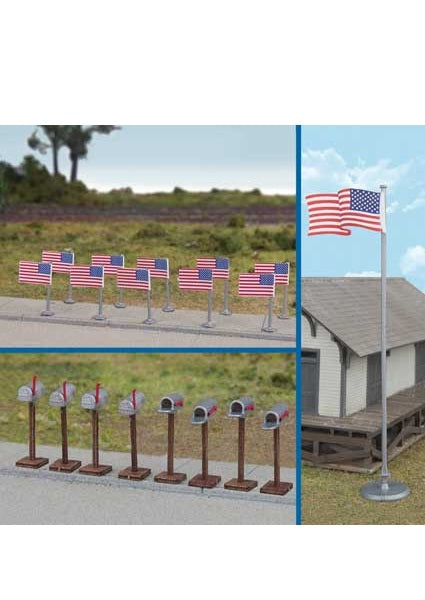 Walthers SceneMaster (949-4166) | Flags (Pkg of 11) and Mailboxes (Pkg of 8) (American Flags, 50 Stars, 1959-Present) | HO Scale