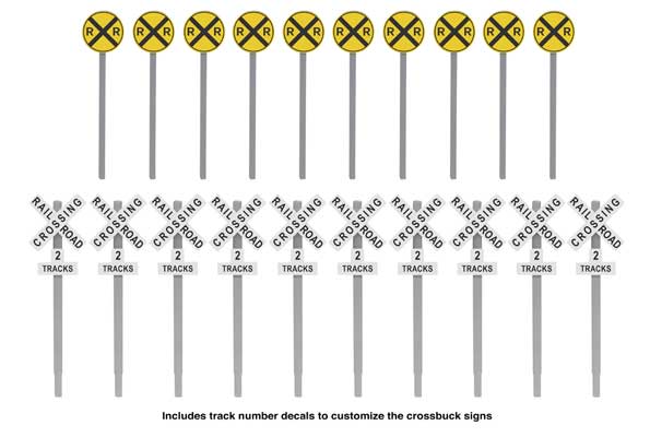Walthers SceneMaster (949-4197) | Railroad Crossing Signs | Modern Advance Warning & Crossbucks, 10 Each | HO Scale