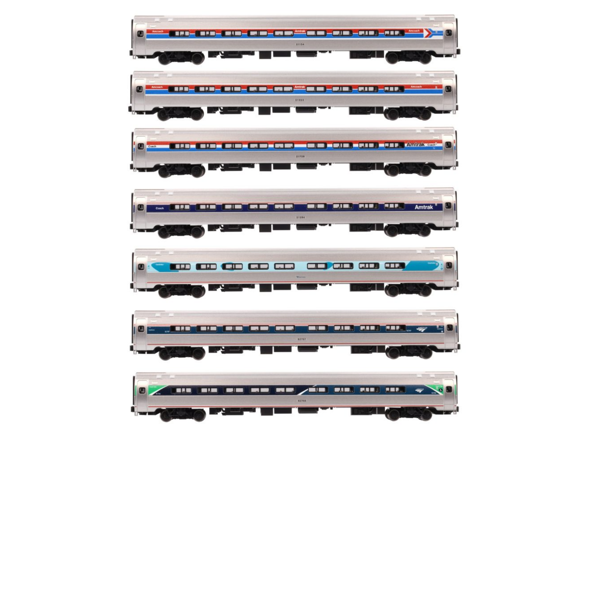 Kato Amfleet I Coach 7-Car Set Amtrak Phases I–VII Limited Edition Bookcase N Scale