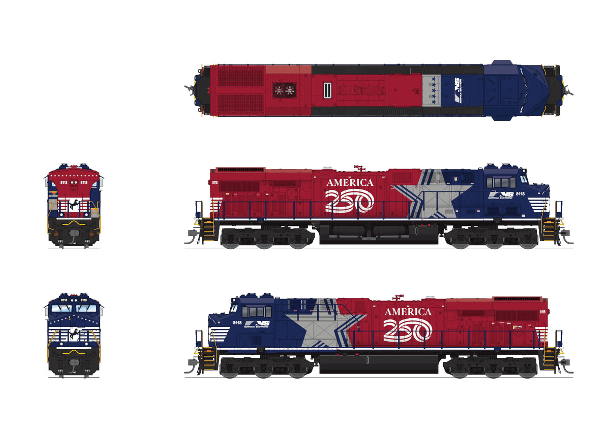 BLI HO scale Norfolk Southern 8118 Stars and Stripes ES44AC Stealth locomotive multi-view