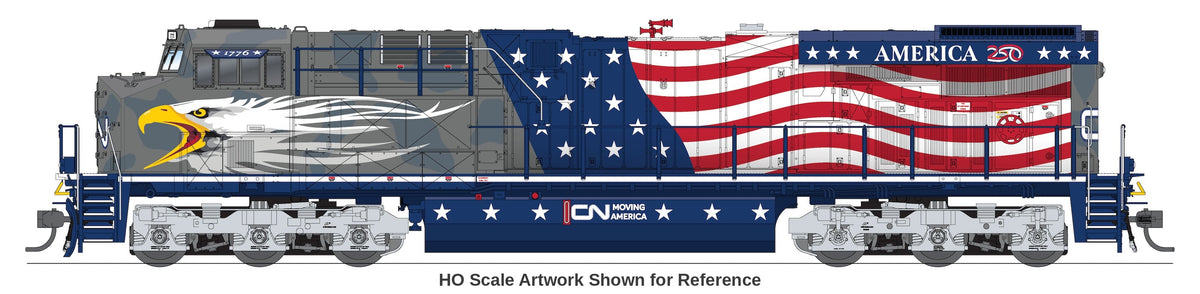 Broadway Limited Imports N scale GE ES44AC Canadian National #1776 Screaming Eagle America250 Series side view