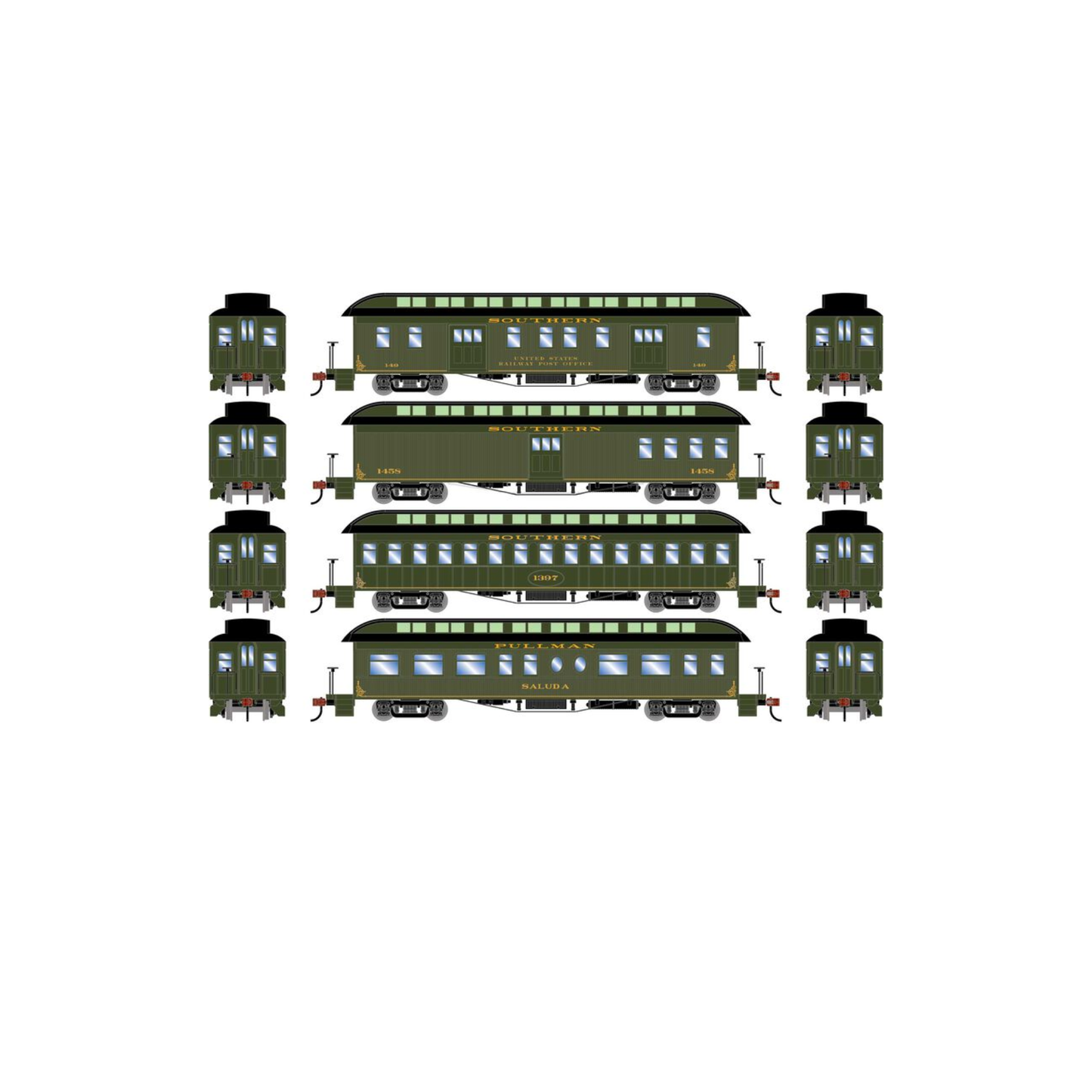Athearn (11855) • Overland Passenger Set • Combine, Coach, Sleeper, Business Car • Southern • N Scale (Pre-Owned)