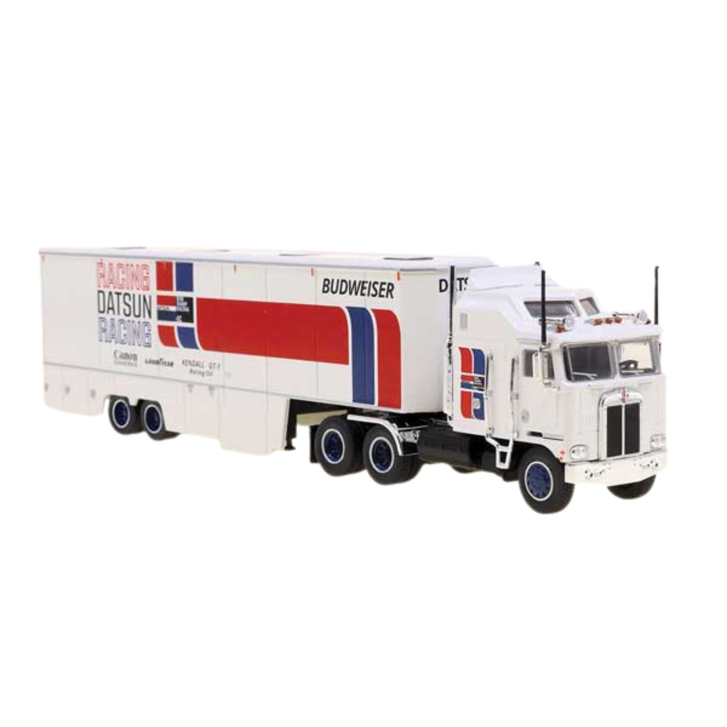 Brekina Automodelle 85740 • Kenworth K100 Tractor w/ Racing Trailer • Datsun Racing • HO Scale