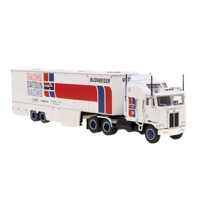 Brekina Automodelle 85740 • Kenworth K100 Tractor w/ Racing Trailer • Datsun Racing • HO Scale
