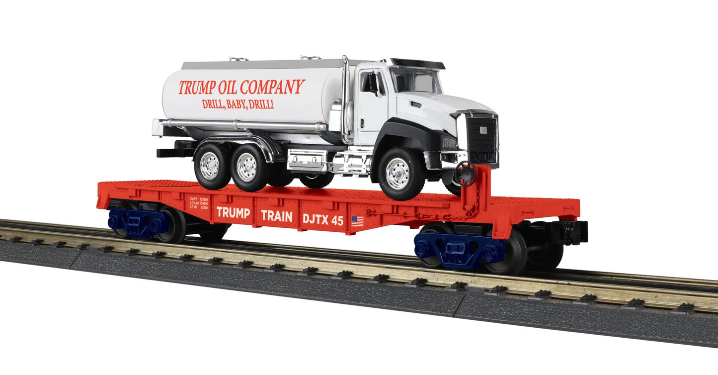 MTH – Donald J. Trump RailKing Flat Car with Tanker Truck – O Scale