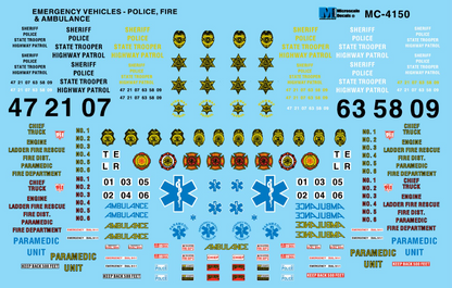 Microscale Industries - Vehicle Markings - Mini-Cal Emergency Markings - Police, Fire & Ambulance (1970+) - HO Scale
