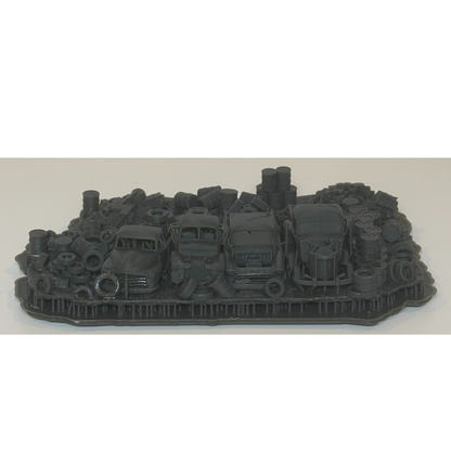 Sierra Valley Wasted Acres Mini Diorama with 4 Trucks, Tires, Barrels & Scrap HO Scale