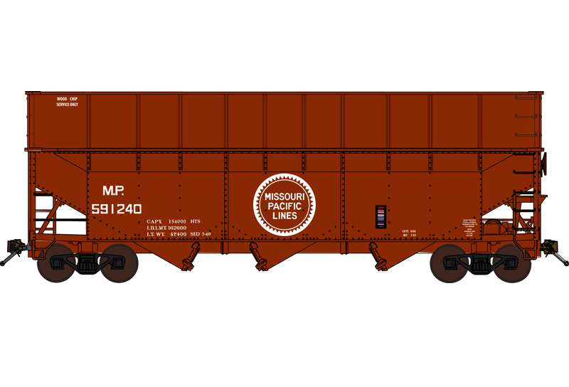Bluford Shops - Offset-Side 3-Bay Wood Chip Hopper w/ Ribbed Side Extensions and Load - Missouri Pacific #591440 - N Scale (NOS)
