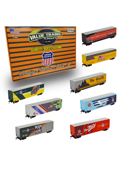 Value Trains Kadee Equipped ACF 50' 6" Boxcar Heritage Collectors Edition Set - Union Pacific - 8 Car Set - HO Scale