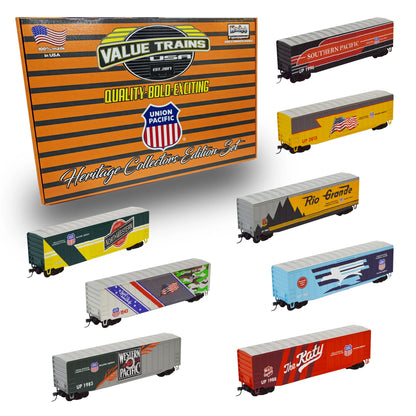 Value Trains Micro Trains Equipped ACF 50' 6" Boxcar - Union Pacific Heritage Collectors Edition - 8 Car Set - N Scale