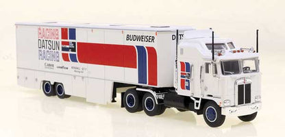 Brekina Automodelle 85740 • Kenworth K100 Tractor w/ Racing Trailer • Datsun Racing • HO Scale