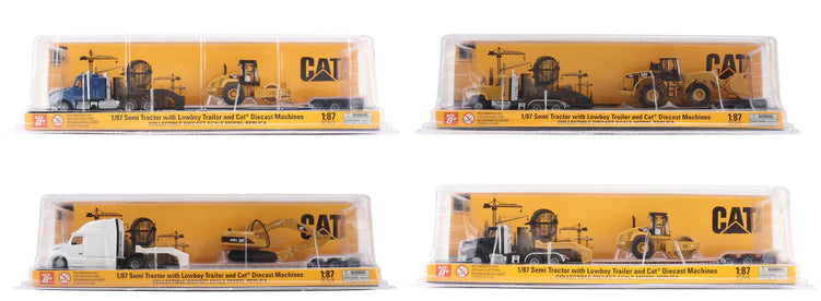 Diecast Masters (84411A) | CAT Semi Tractor w/ Lowboy Trailer and CAT Diecast Machines Series II Assortment - Pkg of 4 | HO Scale