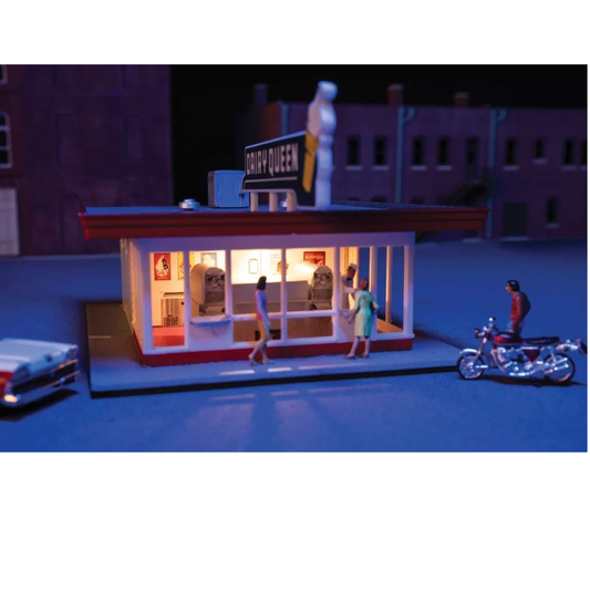 Walthers Cornerstone 933-3484/933-4701 Vintage Dairy Queen Building Kit with Spaces Interior & LED Lighting HO Scale Bundle
