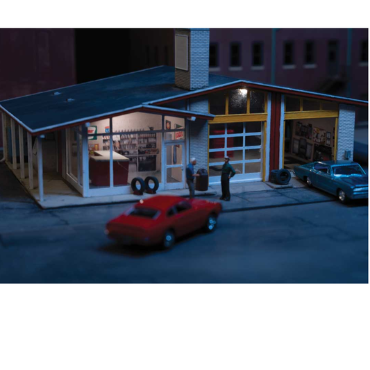 Walthers Cornerstone 933-3541/933-4703 Vintage Gas Station Building Kit with Spaces Interior & LED Lighting HO Scale Bundle
