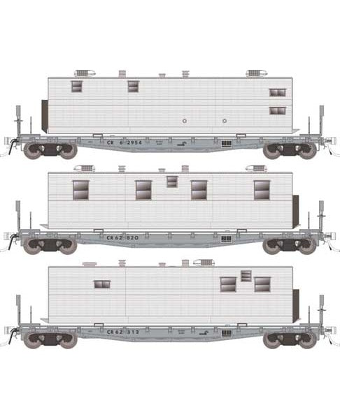 Rapido Class F30A 50' Flatcar w/ Office, Kitchen, Diner Trailer (138106) | 3 Pack | Conrail Set #2 | HO Scale