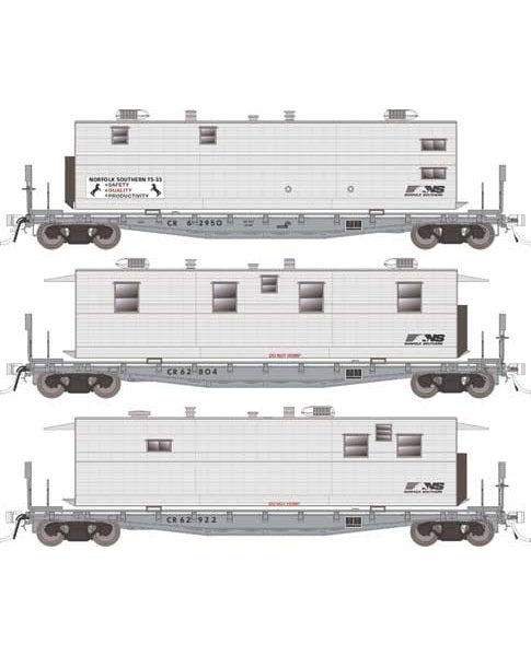 Rapido Class F30A 50' Flatcar w/ Office, Kitchen, Diner Trailer (138109) | 3 Pack | Norfolk Southern Set #2 | HO Scale