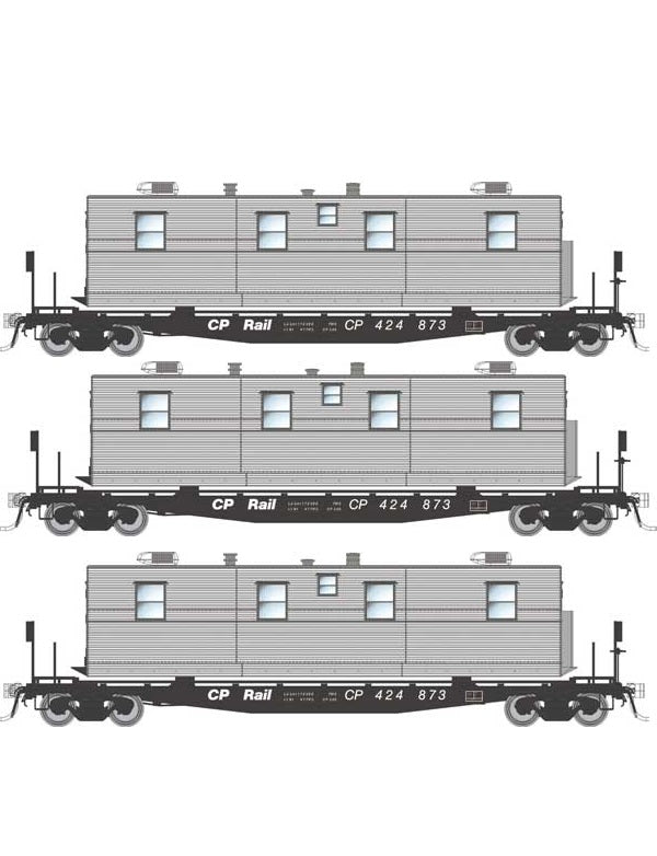Rapido Class F30A 50' Flatcar w/ Office, Kitchen, Diner Trailer (138113) | 3 Pack | Canadian Pacific Set #1 | HO Scale