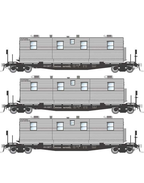 Rapido Class F30A 50' Flatcar w/ Office, Kitchen, Diner Trailer (138111) | 3 Pack | Canadian National Set #1 | HO Scale