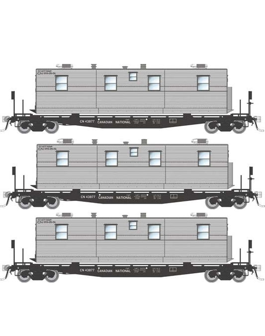 Rapido Class F30A 50' Flatcar w/ Office, Kitchen, Diner Trailer (138111) | 3 Pack | Canadian National Set #1 | HO Scale