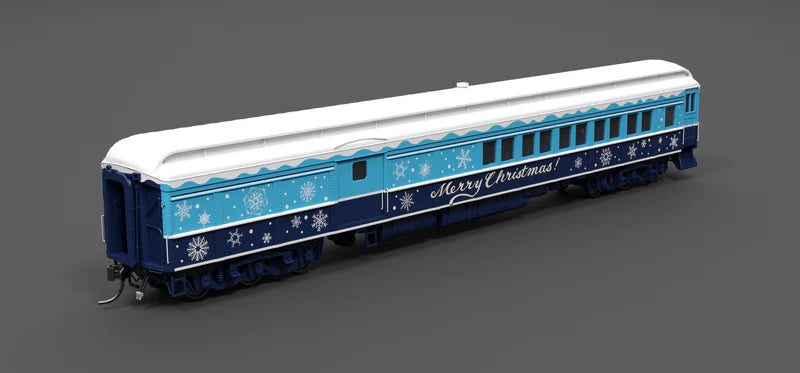Broadway Limited Imports (9745) • Baggage-Combine Car w/ Lights • Merry Christmas • Blue & White Holiday • HO Scale