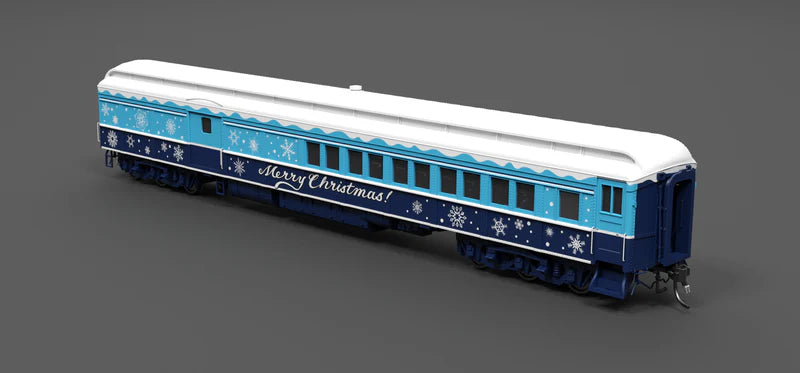 Broadway Limited Imports (9745) • Baggage-Combine Car w/ Lights • Merry Christmas • Blue & White Holiday • HO Scale