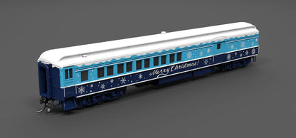 Broadway Limited Imports (9745) • Baggage-Combine Car w/ Lights • Merry Christmas • Blue & White Holiday • HO Scale