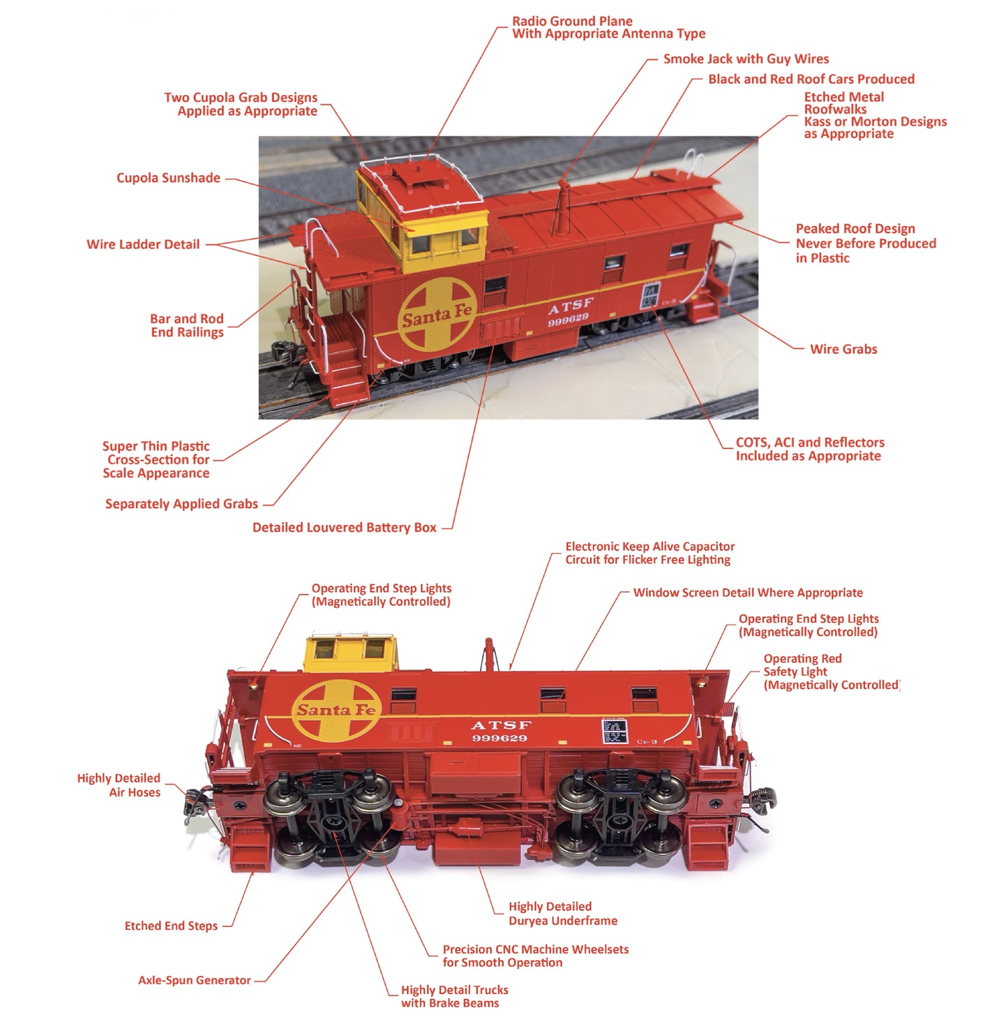 Class One Model Works (CB00307) | Mid-Life Peaked Roof Caboose CE-3 | ATSF #999634 | HO Scale