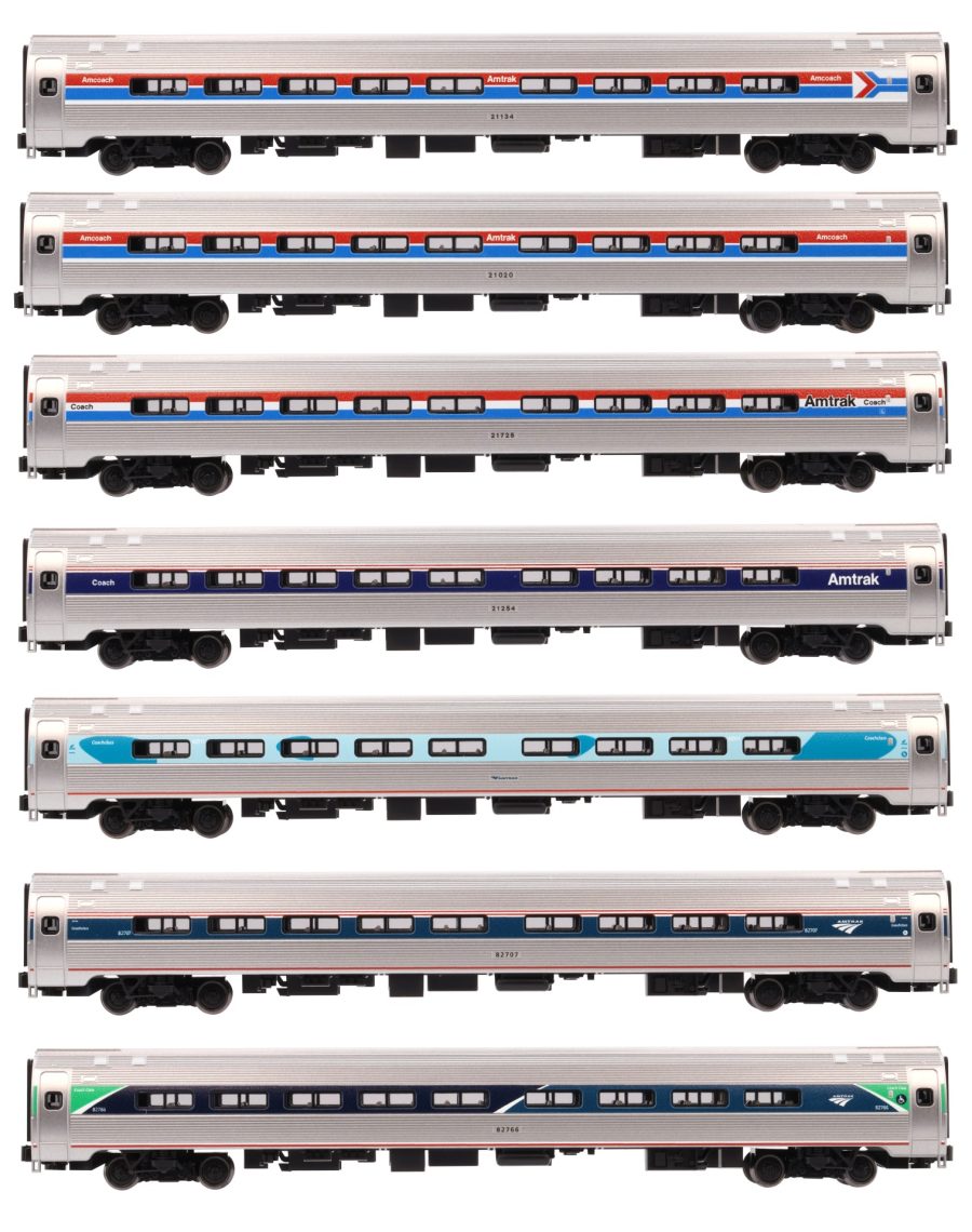 Kato Amfleet I Coach 7-Car Set Amtrak Phases I–VII Limited Edition Bookcase N Scale