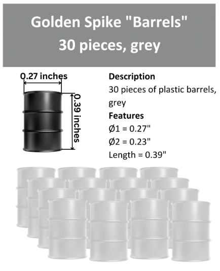 Golden Spike Barrels - Grey - 30 pcs - HO Scale