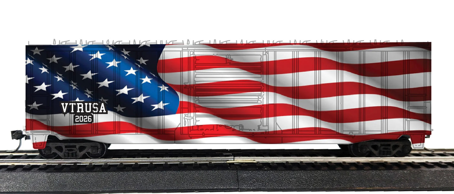 Value Trains (N10116) | ACF 50' 6" Boxcar | Waving American Flag 2026 Edition | N Scale