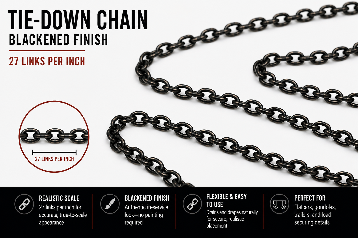 A-Line Products (29220) | Miniature Chain | Black | 27 Links/Inch, 12 "Long | All Scales